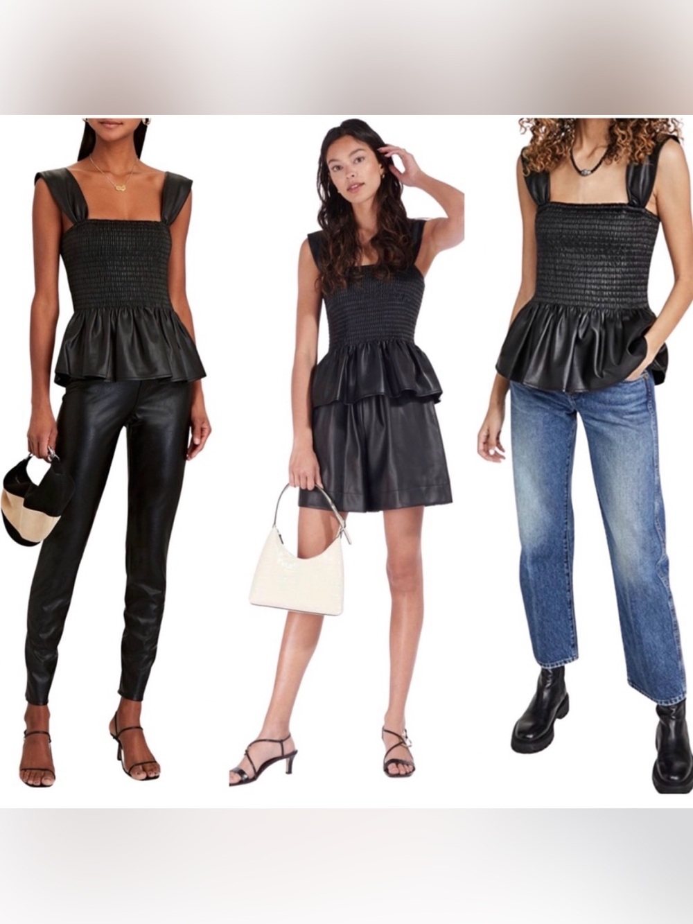 🔥 SALE Staud Black Vegan Leather Peplum Smocked Ida Top, size M - Picture 4 of 10